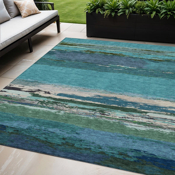 HomeRoots 5' Teal Blue Abstract Area Rug - Stylish, Washable Indoor/Outdoor Decor for High Traffic Spaces 5' X 8' 608754