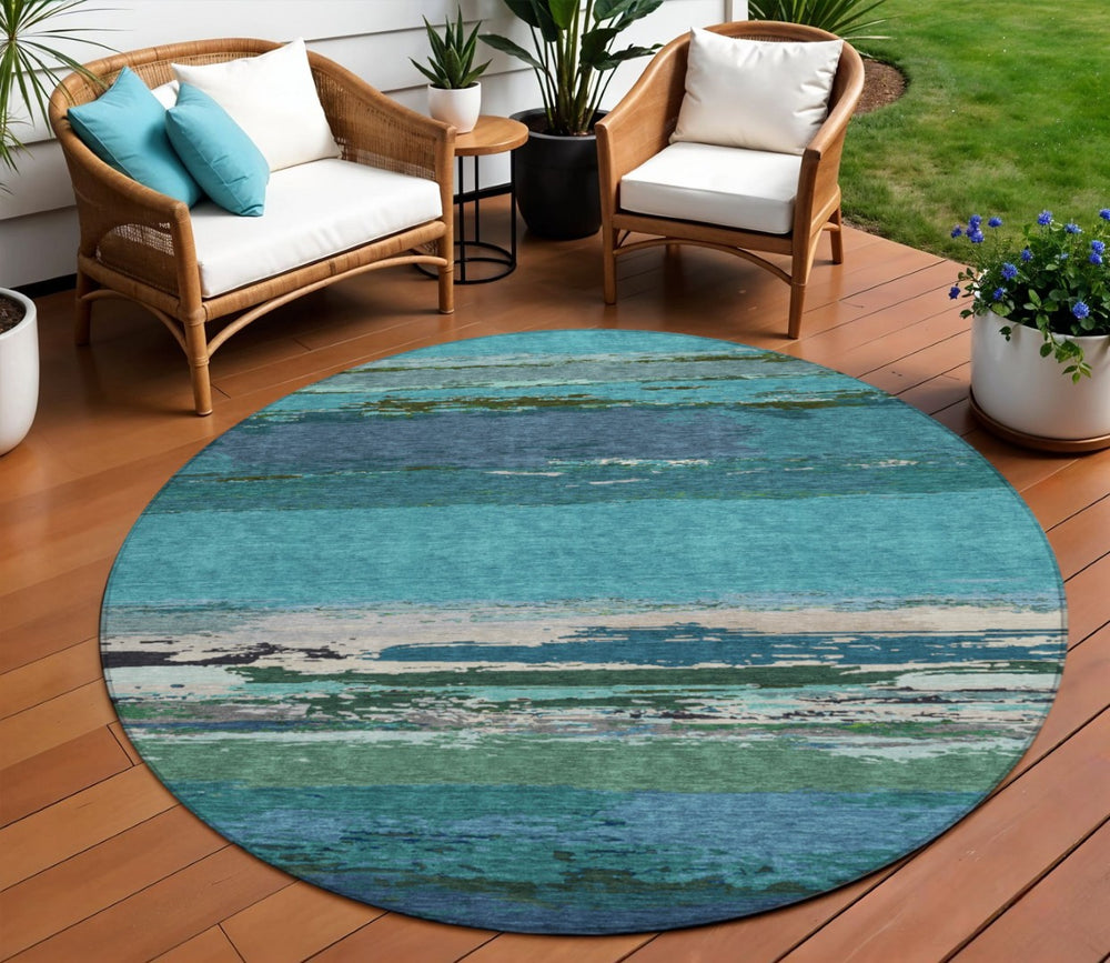 HomeRoots 5' Teal Blue Abstract Area Rug - Stylish, Washable Indoor/Outdoor Decor for High Traffic Spaces 8' Round 608755