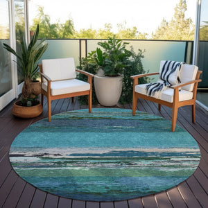 HomeRoots 5' Teal Blue Abstract Area Rug - Stylish, Washable Indoor/Outdoor Decor for High Traffic Spaces 8' Round 608755