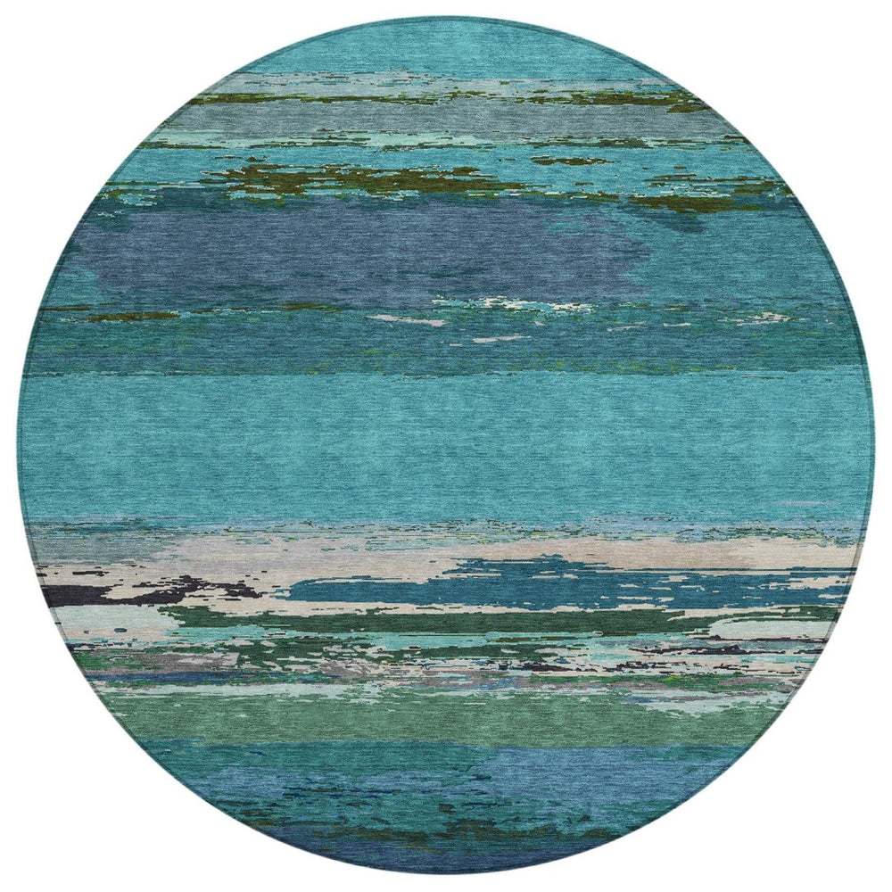 HomeRoots 5' Teal Blue Abstract Area Rug - Stylish, Washable Indoor/Outdoor Decor for High Traffic Spaces 8' Round 608755