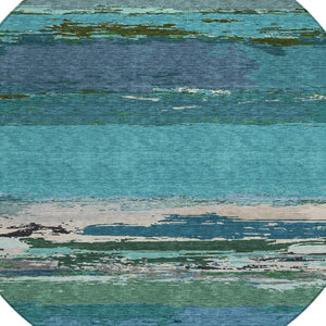 HomeRoots 5' Teal Blue Abstract Area Rug - Stylish, Washable Indoor/Outdoor Decor for High Traffic Spaces 8' Round 608755