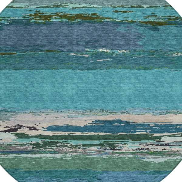HomeRoots 5' Teal Blue Abstract Area Rug - Stylish, Washable Indoor/Outdoor Decor for High Traffic Spaces 8' Round 608755