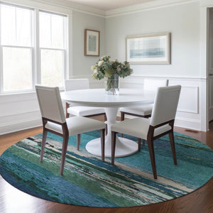 HomeRoots 5' Teal Blue Abstract Area Rug - Stylish, Washable Indoor/Outdoor Decor for High Traffic Spaces 8' Round 608755