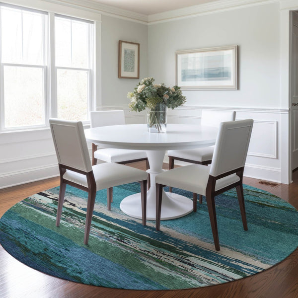 HomeRoots 5' Teal Blue Abstract Area Rug - Stylish, Washable Indoor/Outdoor Decor for High Traffic Spaces 8' Round 608755
