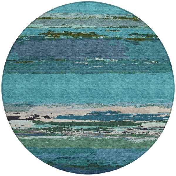 HomeRoots 5' Teal Blue Abstract Area Rug - Stylish, Washable Indoor/Outdoor Decor for High Traffic Spaces 8' Round 608755