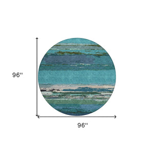 HomeRoots 5' Teal Blue Abstract Area Rug - Stylish, Washable Indoor/Outdoor Decor for High Traffic Spaces 8' Round 608755