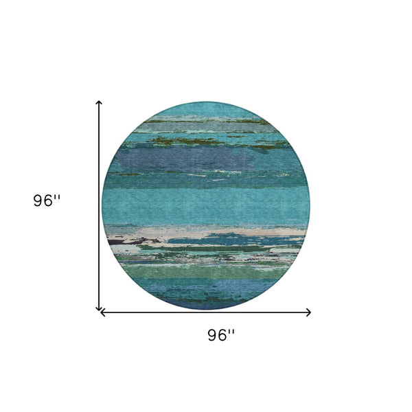 HomeRoots 5' Teal Blue Abstract Area Rug - Stylish, Washable Indoor/Outdoor Decor for High Traffic Spaces 8' Round 608755