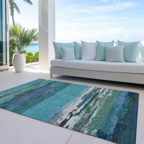 HomeRoots 5' Teal Blue Abstract Area Rug - Stylish, Washable Indoor/Outdoor Decor for High Traffic Spaces 9' X 12' 608757
