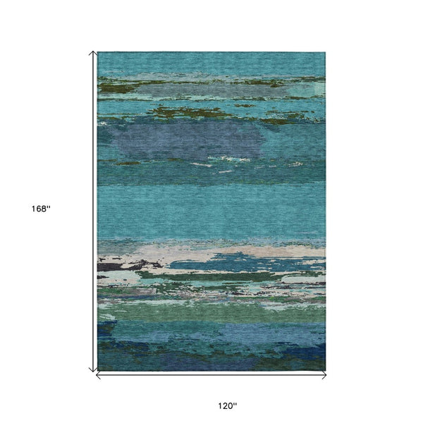 HomeRoots 5' Teal Blue Abstract Area Rug - Stylish, Washable Indoor/Outdoor Decor for High Traffic Spaces 10' X 14' 608758