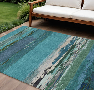 HomeRoots 5' Teal Blue Abstract Area Rug - Stylish, Washable Indoor/Outdoor Decor for High Traffic Spaces 10' X 14' 608758