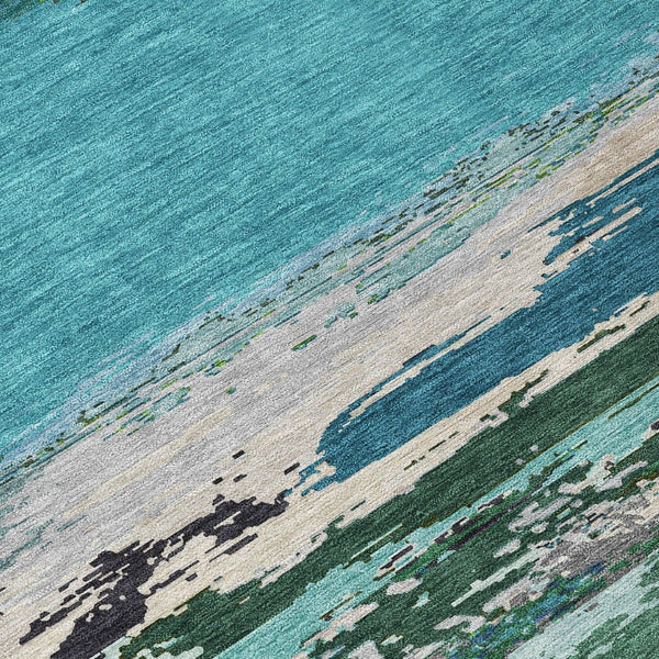 HomeRoots 5' Teal Blue Abstract Area Rug - Stylish, Washable Indoor/Outdoor Decor for High Traffic Spaces 10' X 14' 608758