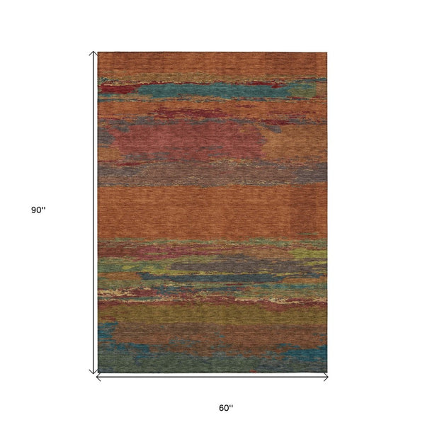 HomeRoots 5' Terra Cotta Abstract Area Rug - Durable, Washable, Modern Design for Indoor & Outdoor Spaces 5' X 8' 608760