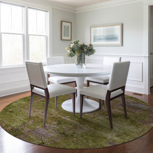 HomeRoots 5' Green Abstract Washable Area Rug - Durable, Stylish Design for Indoor & Outdoor High-Traffic Use 8' Round 608773