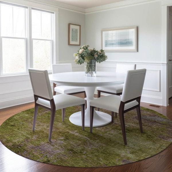 HomeRoots 5' Green Abstract Washable Area Rug - Durable, Stylish Design for Indoor & Outdoor High-Traffic Use 8' Round 608773