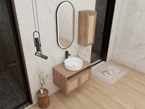 English Elm 30" Wall Mounted Bathroom Vanity Oak Finish Ceramic Art Sink Soft Close Storage W999S00495
