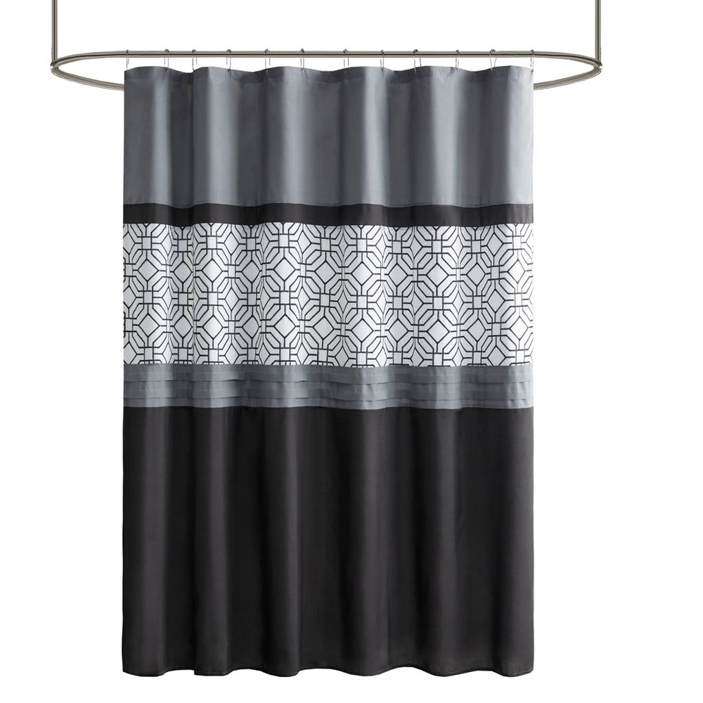 JLA Home 510 Design - Embroidered Pintuck Shower Curtain with Layered Microfiber Lining, Geometric Texture in Grey/Black 5DS70-0231
