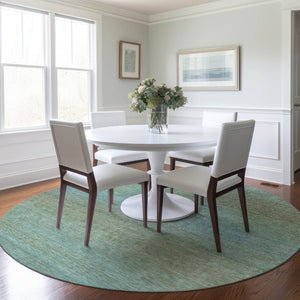 HomeRoots 5' Teal Blue Striped Area Rug - Durable, Washable, Indoor/Outdoor Versatility for Coastal Charm 8' Round 608815