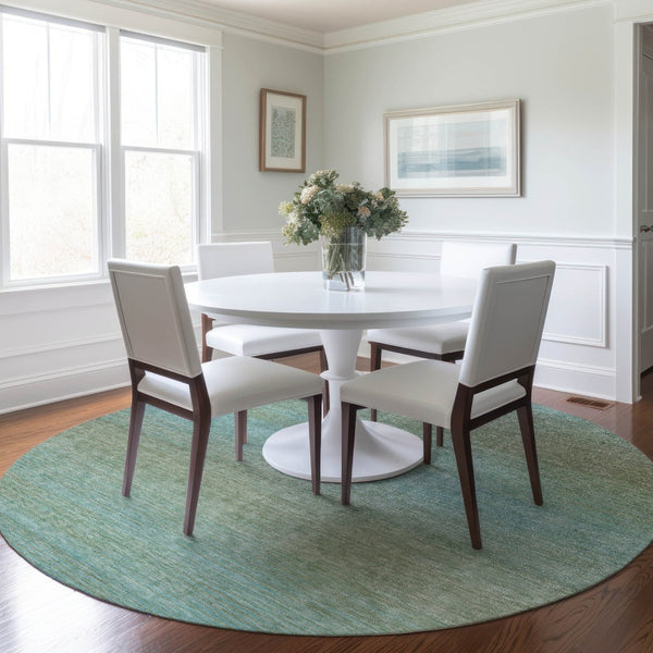 HomeRoots 5' Teal Blue Striped Area Rug - Durable, Washable, Indoor/Outdoor Versatility for Coastal Charm 8' Round 608815