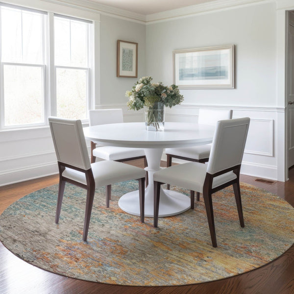HomeRoots 5' Teal Blue Abstract Area Rug - Modern, Washable, Heavy-Duty Design for Indoor & Outdoor Spaces 8' Round 608833