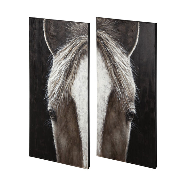 HomeRoots Set of Two Equus Diptych Hand-Painted Rustic Wall Art Panels for Modern Farmhouse Decor 608845