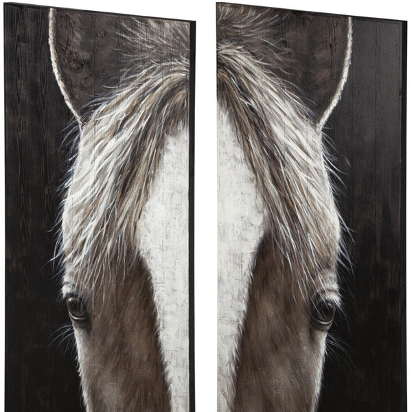 HomeRoots Set of Two Equus Diptych Hand-Painted Rustic Wall Art Panels for Modern Farmhouse Decor 608845