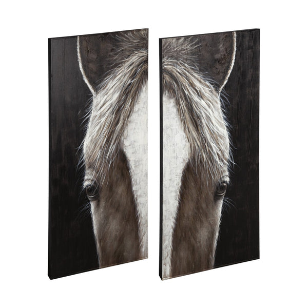 HomeRoots Set of Two Equus Diptych Hand-Painted Rustic Wall Art Panels for Modern Farmhouse Decor 608845