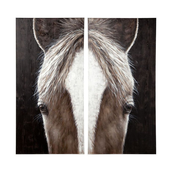 HomeRoots Set of Two Equus Diptych Hand-Painted Rustic Wall Art Panels for Modern Farmhouse Decor 608845