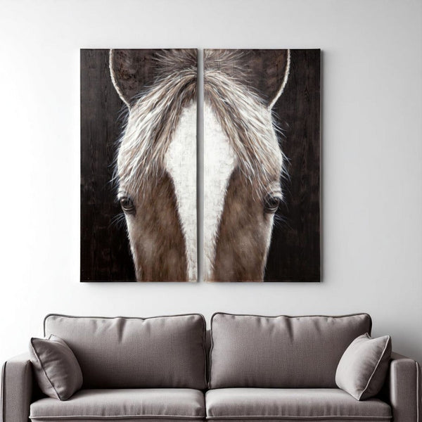 HomeRoots Set of Two Equus Diptych Hand-Painted Rustic Wall Art Panels for Modern Farmhouse Decor 608845
