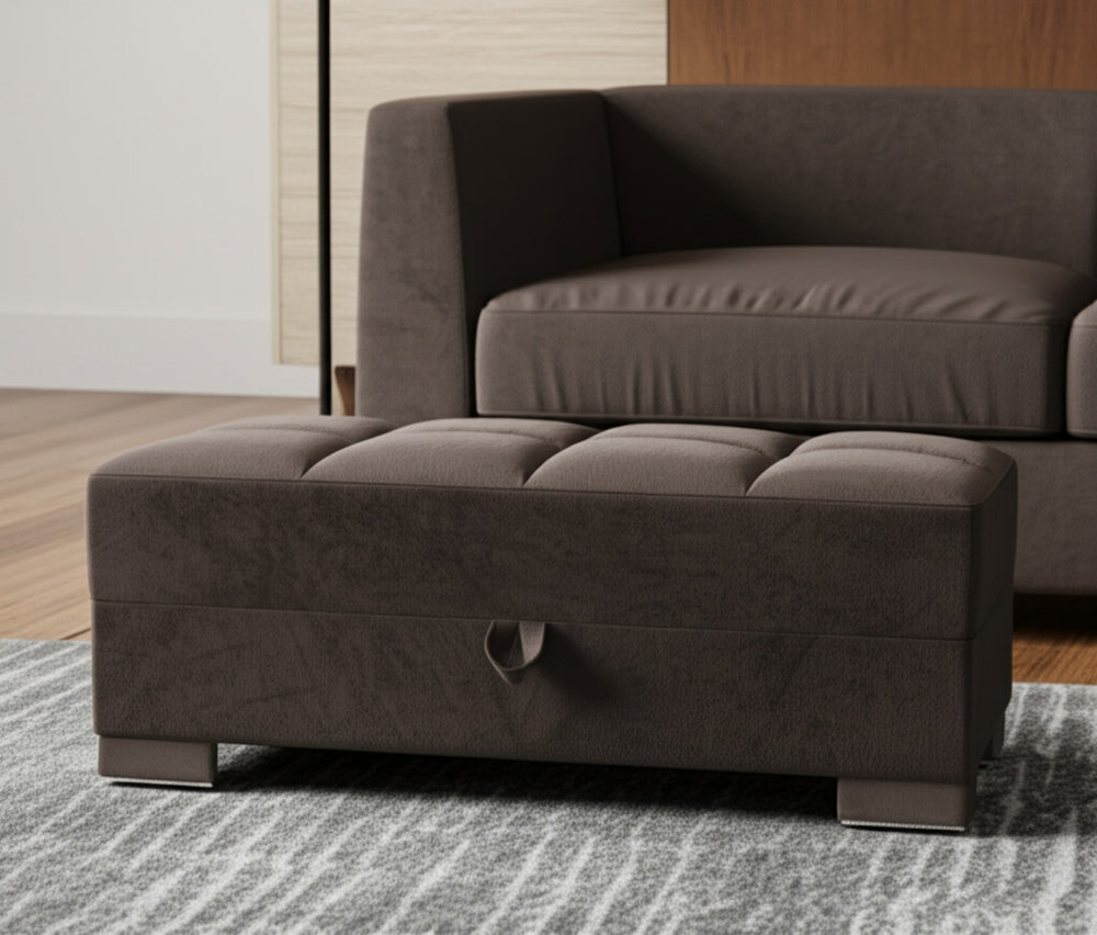 Homeroots 50" Stylish Brown Tufted Microfiber Storage Ottoman – Versatile Seating & Hidden Storage Solution   608875