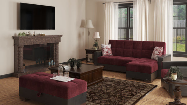 Homeroots 52" Stylish Burgundy & Brown Tufted Storage Ottoman – Versatile Microfiber & Faux Leather Design   608888