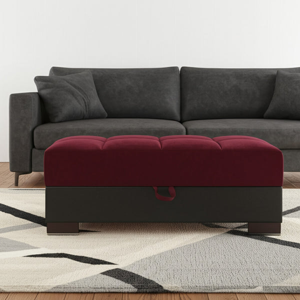 Homeroots 52" Stylish Burgundy & Brown Tufted Storage Ottoman – Versatile Microfiber & Faux Leather Design   608888