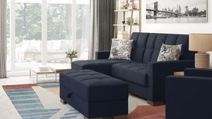 Homeroots 52" Stylish Dark Blue & Brown Chenille Tufted Storage Ottoman - Elegant Seating & Hidden Storage Solution   608889