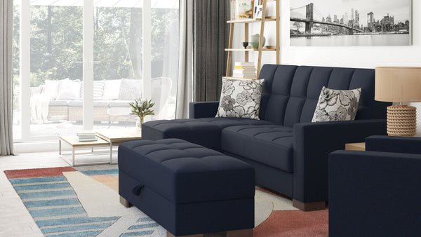Homeroots 52" Stylish Dark Blue & Brown Chenille Tufted Storage Ottoman - Elegant Seating & Hidden Storage Solution   608889