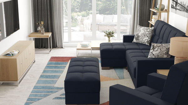 Homeroots 52" Stylish Dark Blue & Brown Chenille Tufted Storage Ottoman - Elegant Seating & Hidden Storage Solution   608889