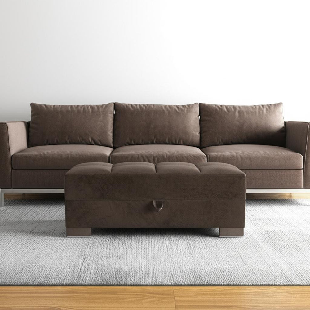 Homeroots 52" Stylish Brown Tufted Chenille & Faux Leather Storage Ottoman – Comfort Meets Functionality!   608902