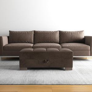 Homeroots 52" Stylish Brown Tufted Chenille & Faux Leather Storage Ottoman – Comfort Meets Functionality!   608902