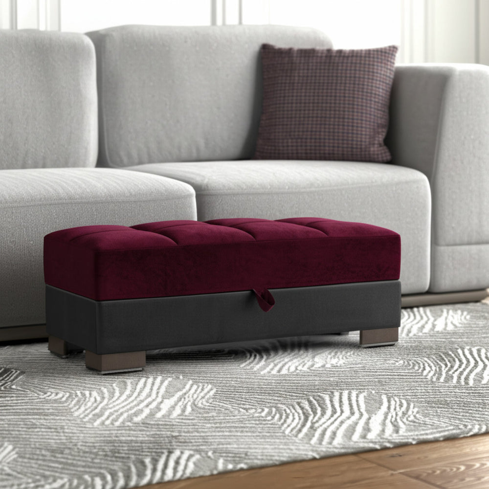 Homeroots 52" Stylish Burgundy Black & Brown Faux Leather Tufted Storage Ottoman For Comfort & Chic Décor   608911