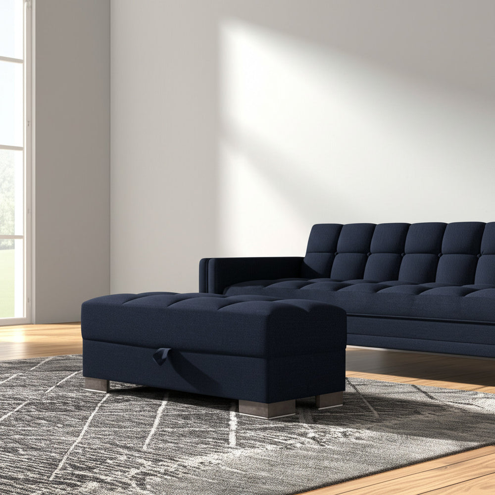 Homeroots 52" Dark Blue & Brown Chenille Tufted Storage Ottoman - Stylish Seating & Hidden Storage Solution!   608912