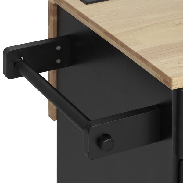 English Elm K&K Vintage Kitchen Island with Rubberwood Top, Hidden Wheels, Pull-Out Trash & Charging Station Black N707P299014B