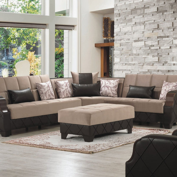 Homeroots 48" Stylish Taupe And Espresso Faux Leather Tufted Storage Ottoman - Comfortable, Functional Accent Piece   608925