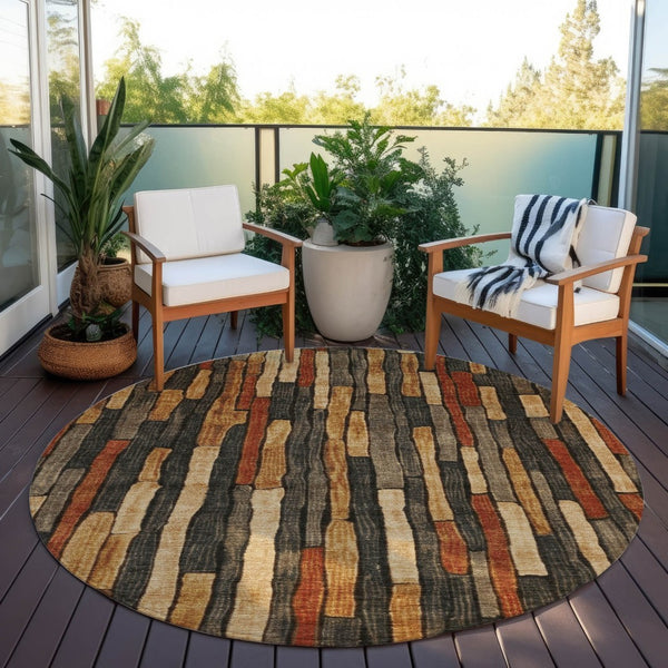 HomeRoots 5' Striped Washable Area Rug in Coffee and Brown - Durable, Stylish, Perfect for Indoor & Outdoor Use 8' Round 608942