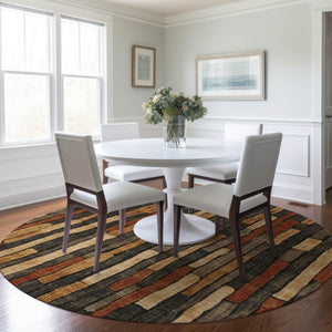 HomeRoots 5' Striped Washable Area Rug in Coffee and Brown - Durable, Stylish, Perfect for Indoor & Outdoor Use 8' Round 608942