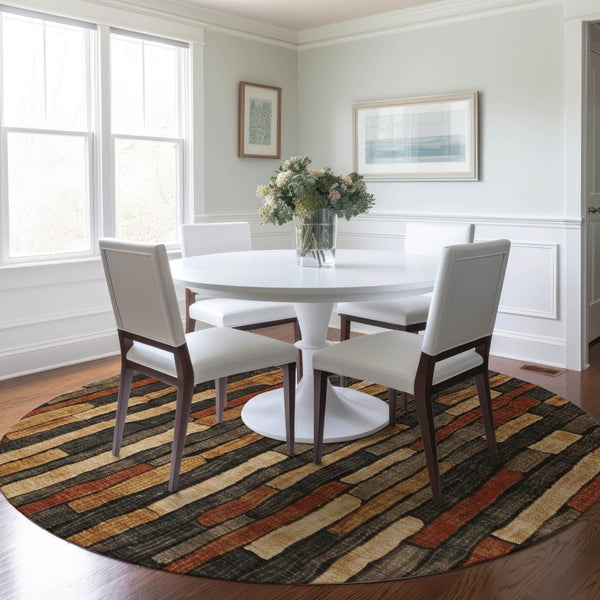 HomeRoots 5' Striped Washable Area Rug in Coffee and Brown - Durable, Stylish, Perfect for Indoor & Outdoor Use 8' Round 608942