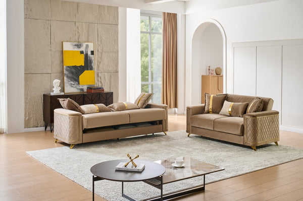 English Elm Lisa 2 Piece Sofa Set with Quilted Copper Upholstery Birch Frame and Gold Steel Legs B009S02225