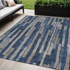 HomeRoots 5' Stylish Navy and Denim Blue Striped Washable Area Rug for Indoor and Outdoor Spaces 5' X 8' 608953