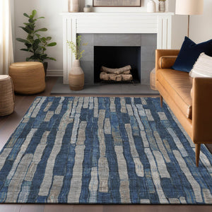 HomeRoots 5' Stylish Navy and Denim Blue Striped Washable Area Rug for Indoor and Outdoor Spaces 5' X 8' 608953
