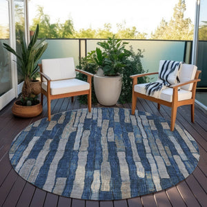 HomeRoots 5' Stylish Navy and Denim Blue Striped Washable Area Rug for Indoor and Outdoor Spaces 8' Round 608954
