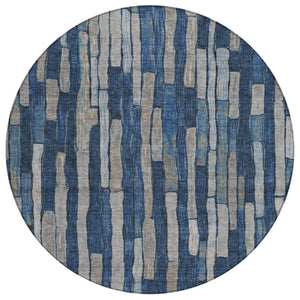HomeRoots 5' Stylish Navy and Denim Blue Striped Washable Area Rug for Indoor and Outdoor Spaces 8' Round 608954