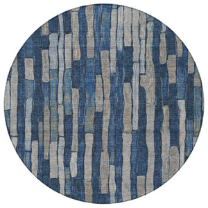 HomeRoots 5' Stylish Navy and Denim Blue Striped Washable Area Rug for Indoor and Outdoor Spaces 8' Round 608954