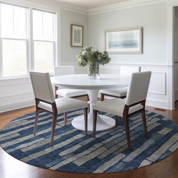 HomeRoots 5' Stylish Navy and Denim Blue Striped Washable Area Rug for Indoor and Outdoor Spaces 8' Round 608954
